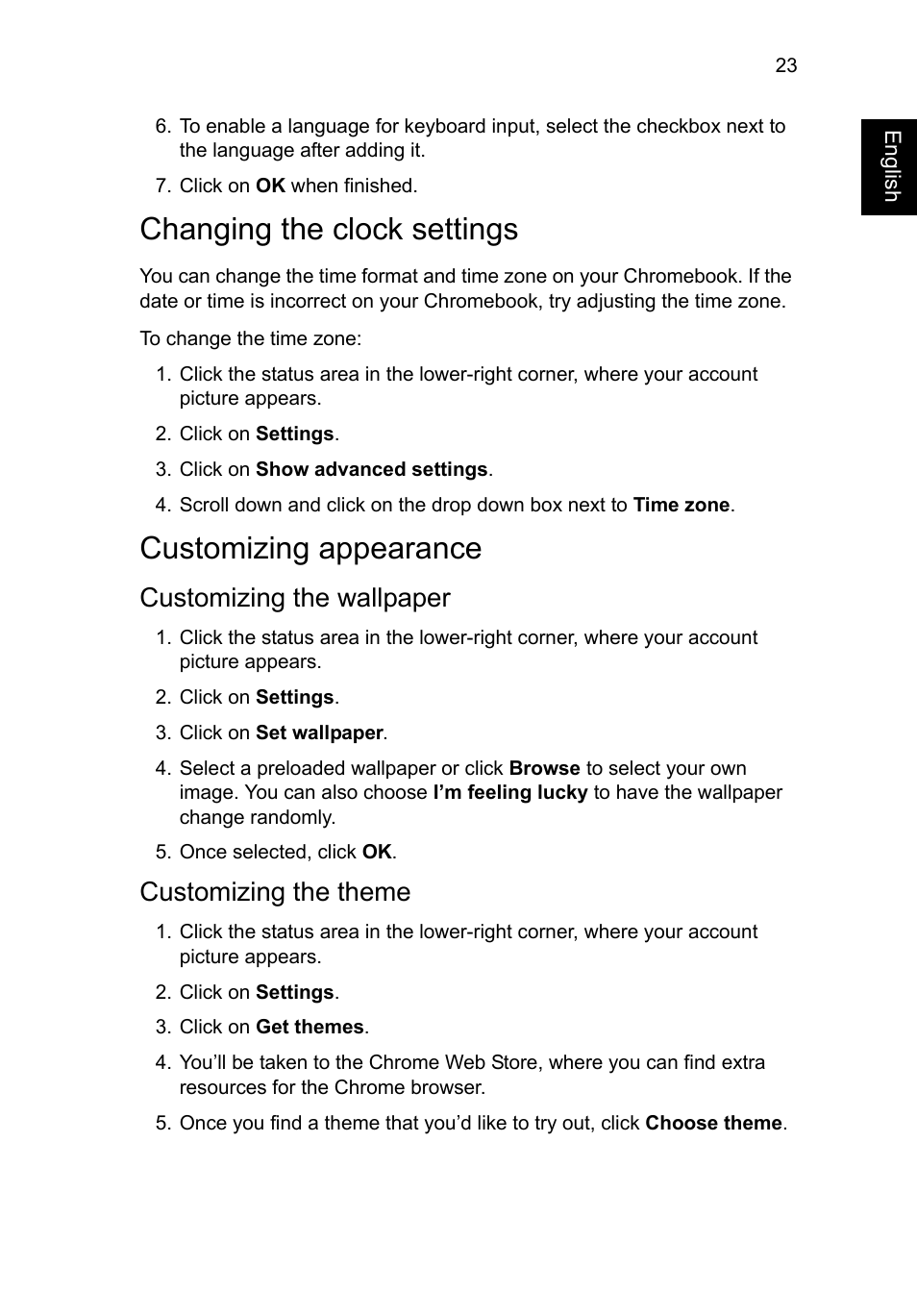 Changing the clock settings, Customizing appearance, Customizing the wallpaper | Customizing the theme, Changing the clock settings customizing appearance, Customizing the wallpaper customizing the theme | Acer C720P User Manual | Page 23 / 39