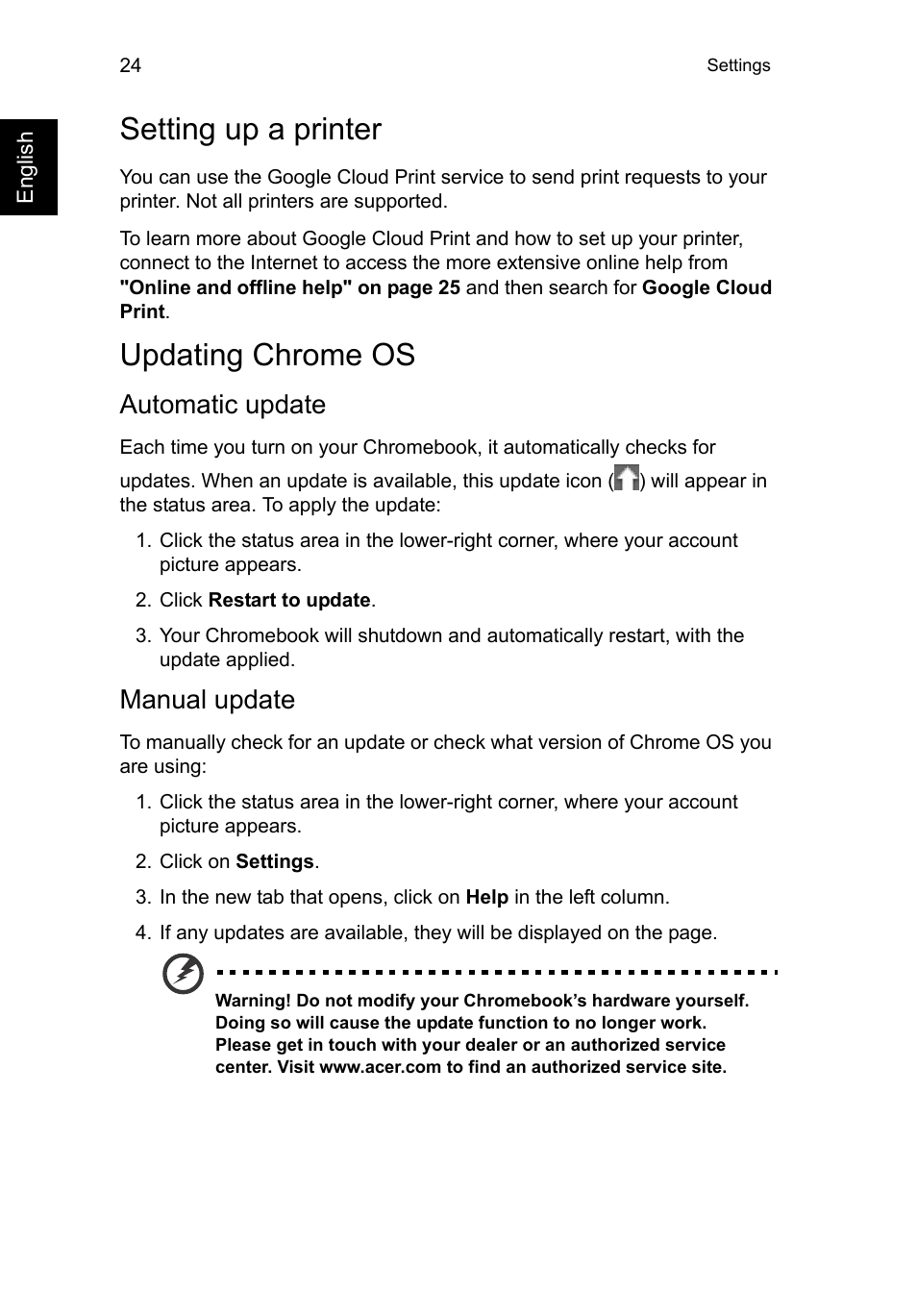 Setting up a printer, Updating chrome os, Automatic update | Manual update, Setting up a printer updating chrome os, Automatic update manual update | Acer C720P User Manual | Page 24 / 39