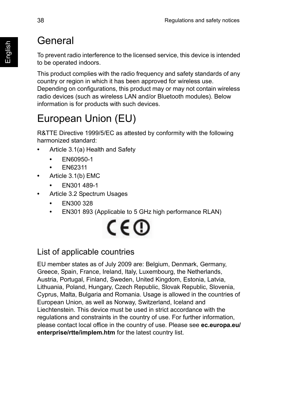 General, European union (eu), General european union (eu) | List of applicable countries | Acer C720P User Manual | Page 38 / 39