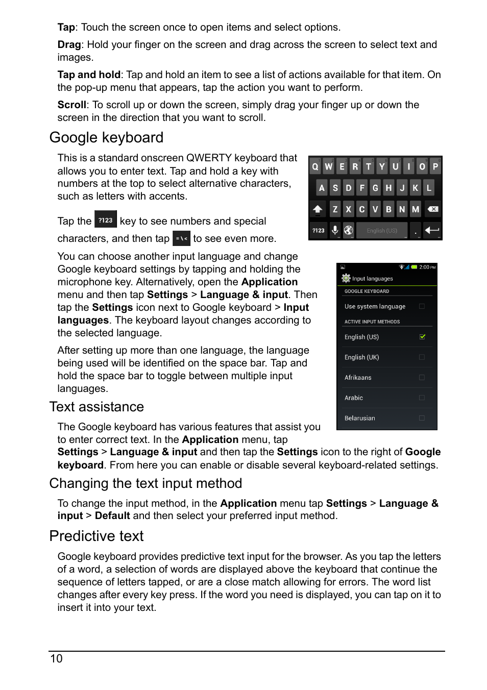 Google keyboard, Predictive text, Text assistance | Changing the text input method | Acer Z160 User Manual | Page 10 / 58