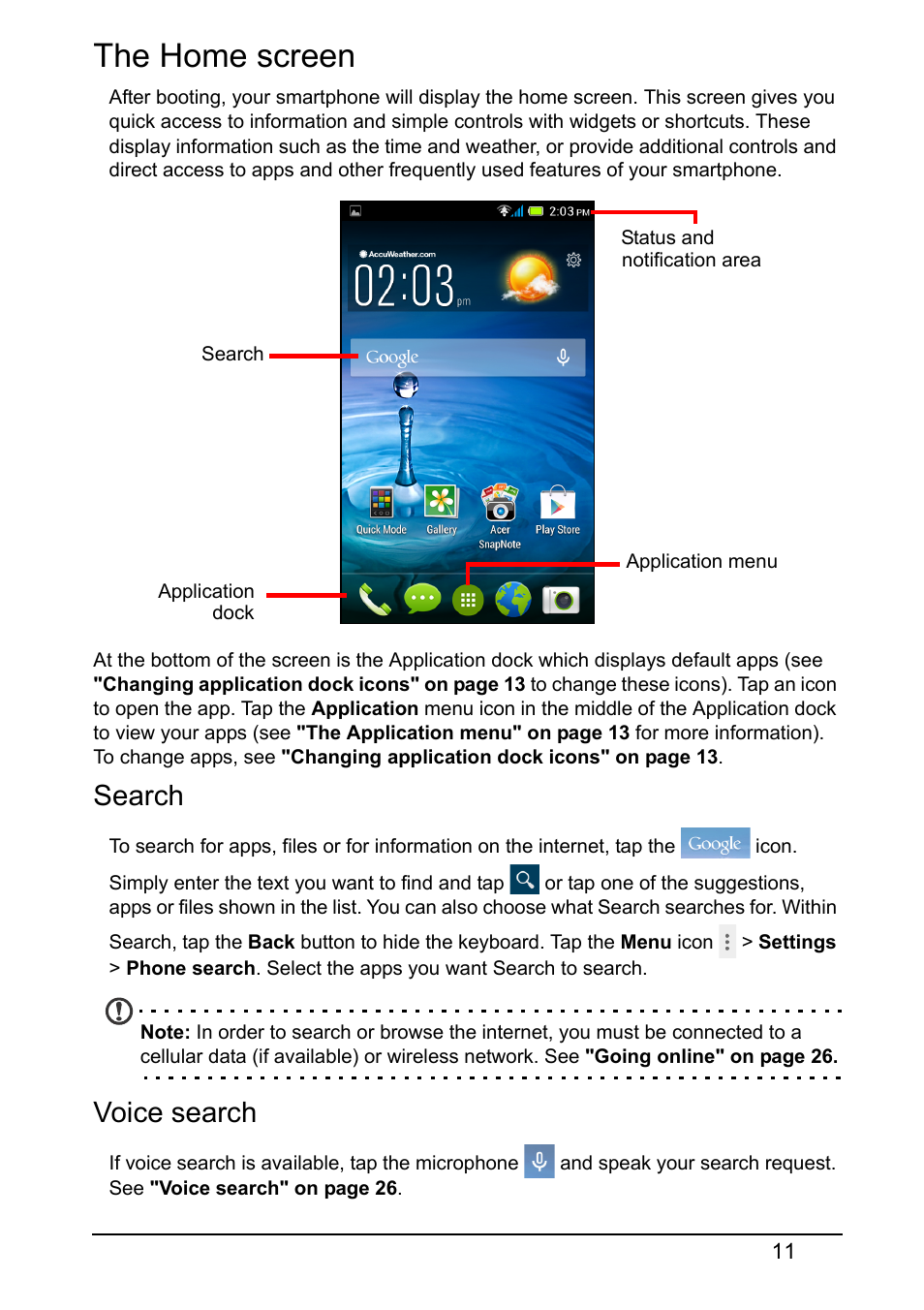 The home screen, Search, Voice search | Acer Z160 User Manual | Page 11 / 58