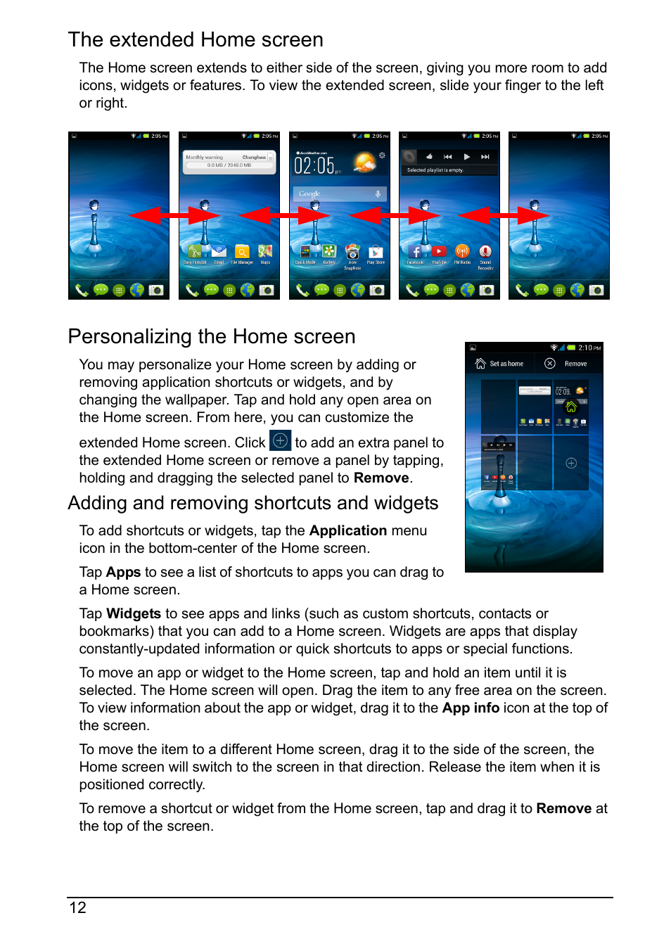 The extended home screen, Personalizing the home screen, Adding and removing shortcuts and widgets | Acer Z160 User Manual | Page 12 / 58