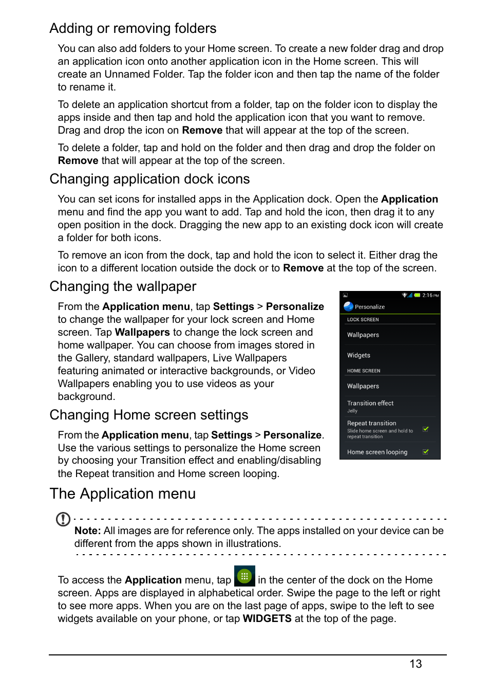 The application menu, Adding or removing folders, Changing application dock icons | Changing the wallpaper, Changing home screen settings | Acer Z160 User Manual | Page 13 / 58