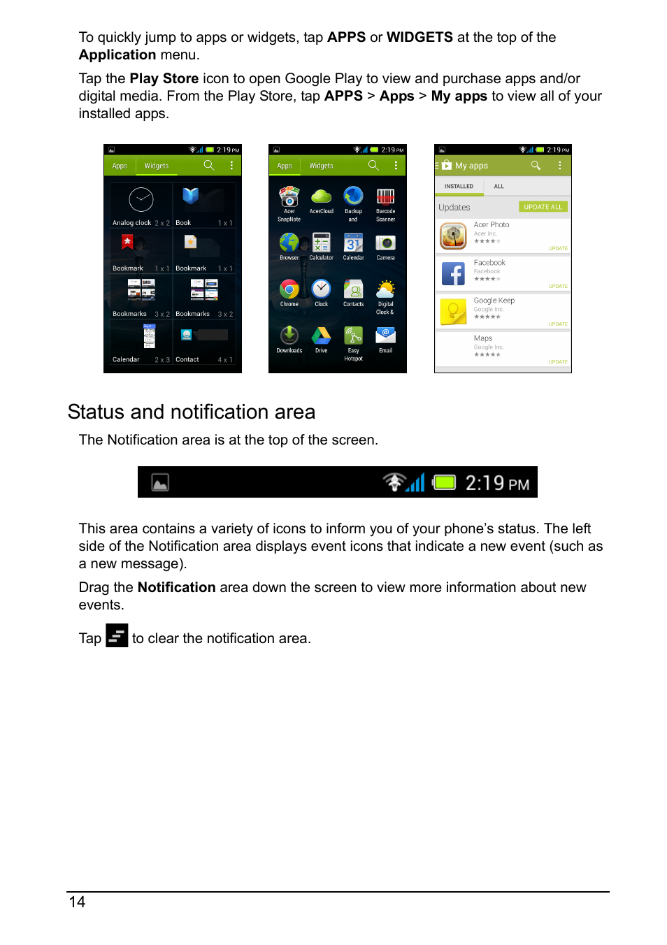 Status and notification area | Acer Z160 User Manual | Page 14 / 58