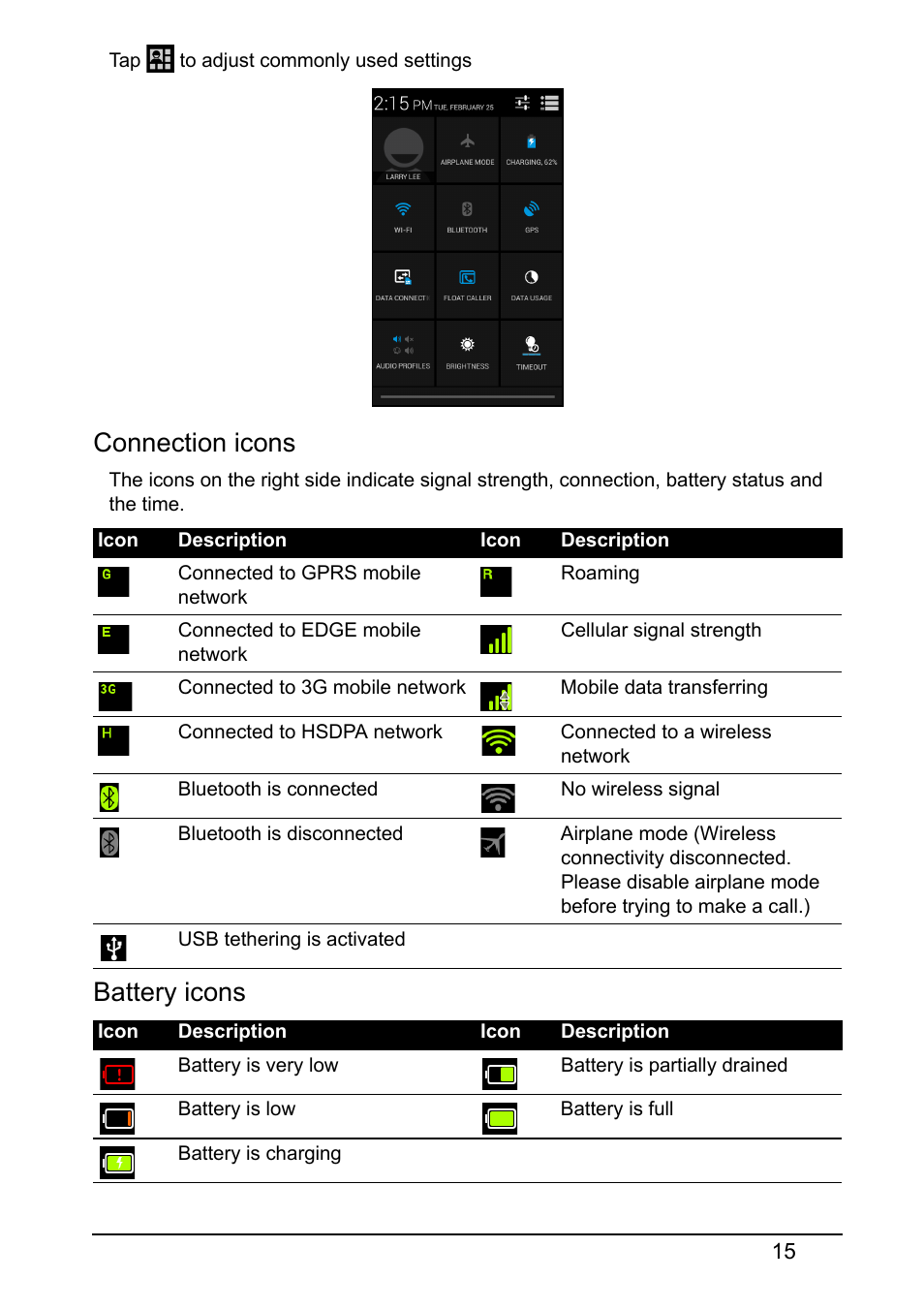 Connection icons, Battery icons | Acer Z160 User Manual | Page 15 / 58