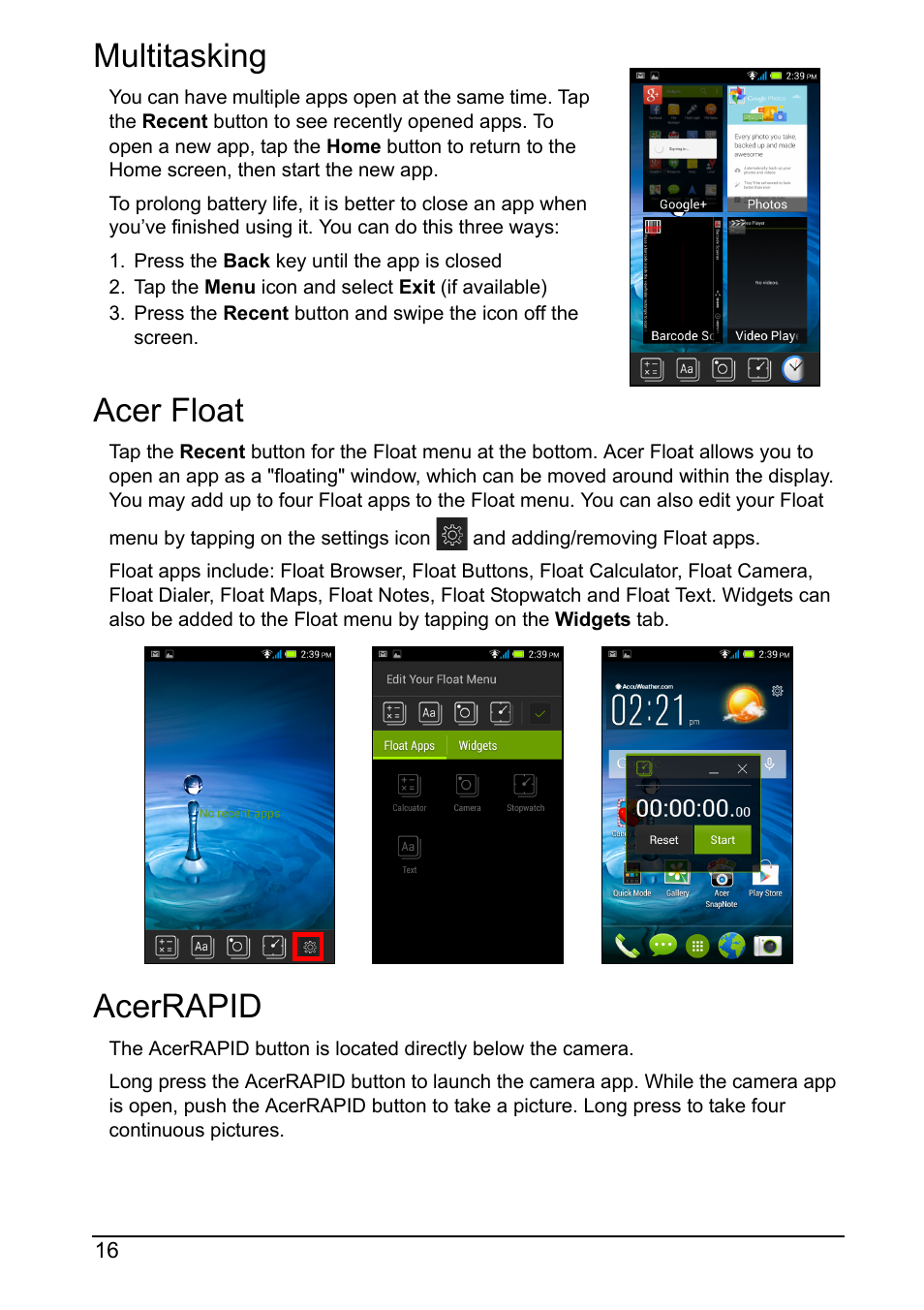 Multitasking, Acer float, Acerrapid | Multitasking acer float acerrapid | Acer Z160 User Manual | Page 16 / 58