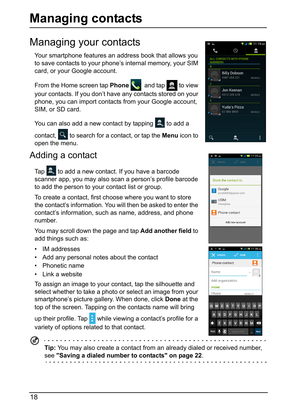 Managing contacts, Managing your contacts, Adding a contact | Acer Z160 User Manual | Page 18 / 58