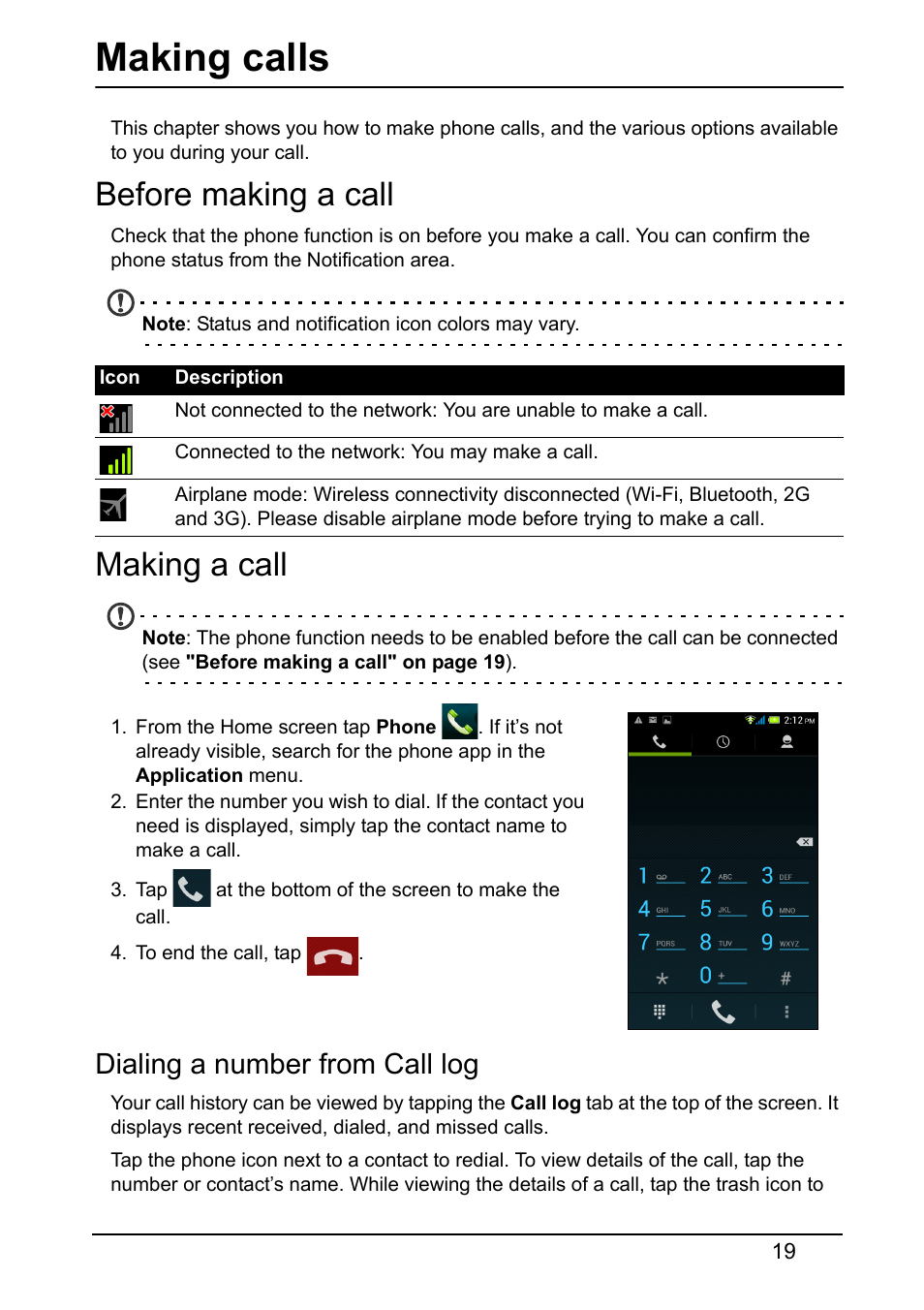 Making calls, Before making a call, Making a call | Dialing a number from call log, Before making a call making a call | Acer Z160 User Manual | Page 19 / 58