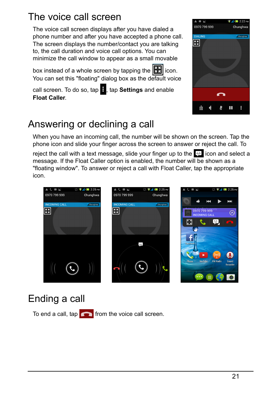 The voice call screen, Answering or declining a call, Ending a call | Acer Z160 User Manual | Page 21 / 58