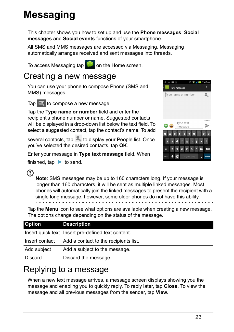 Messaging, Creating a new message, Replying to a message | Creating a new message replying to a message | Acer Z160 User Manual | Page 23 / 58