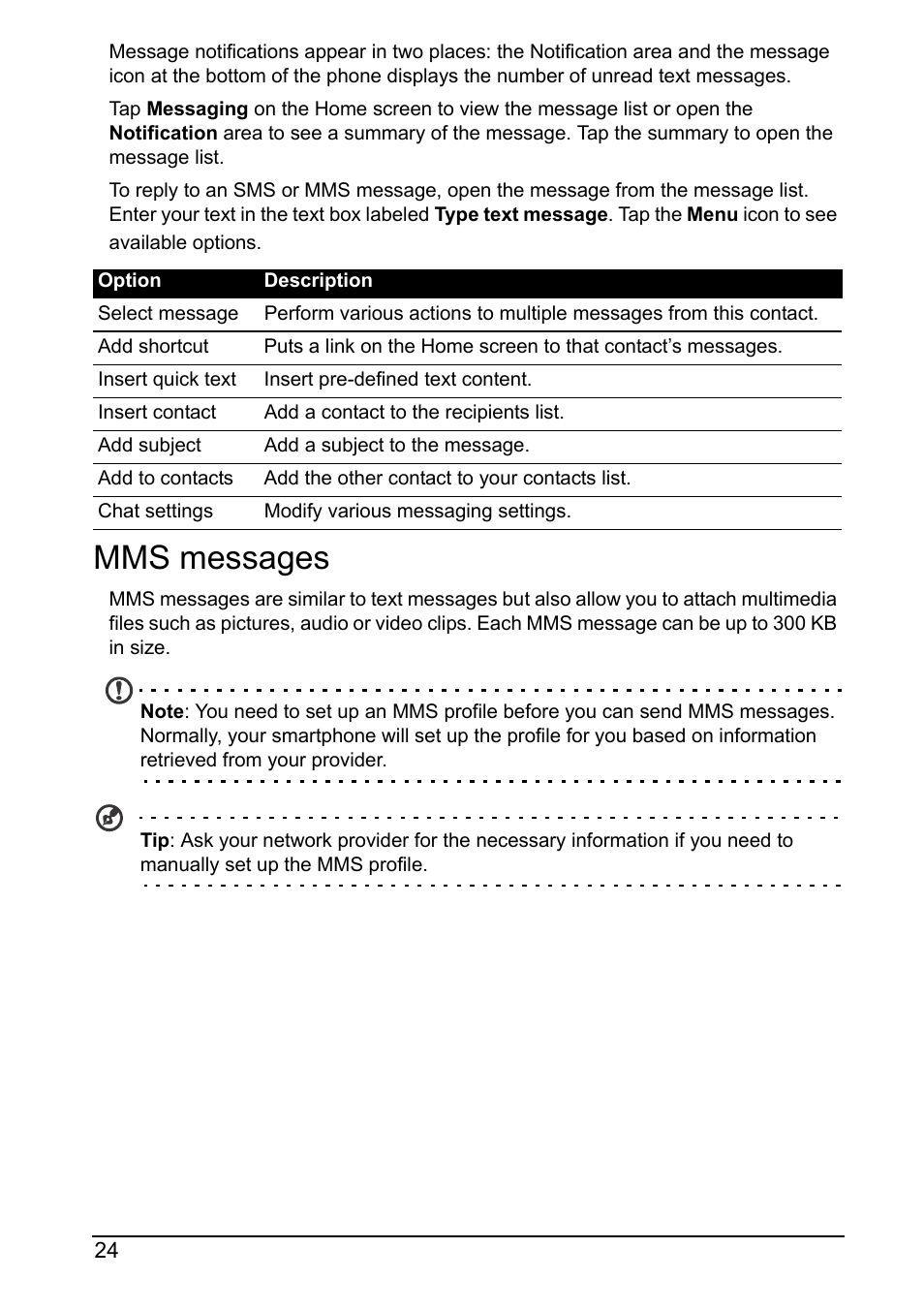 Mms messages | Acer Z160 User Manual | Page 24 / 58