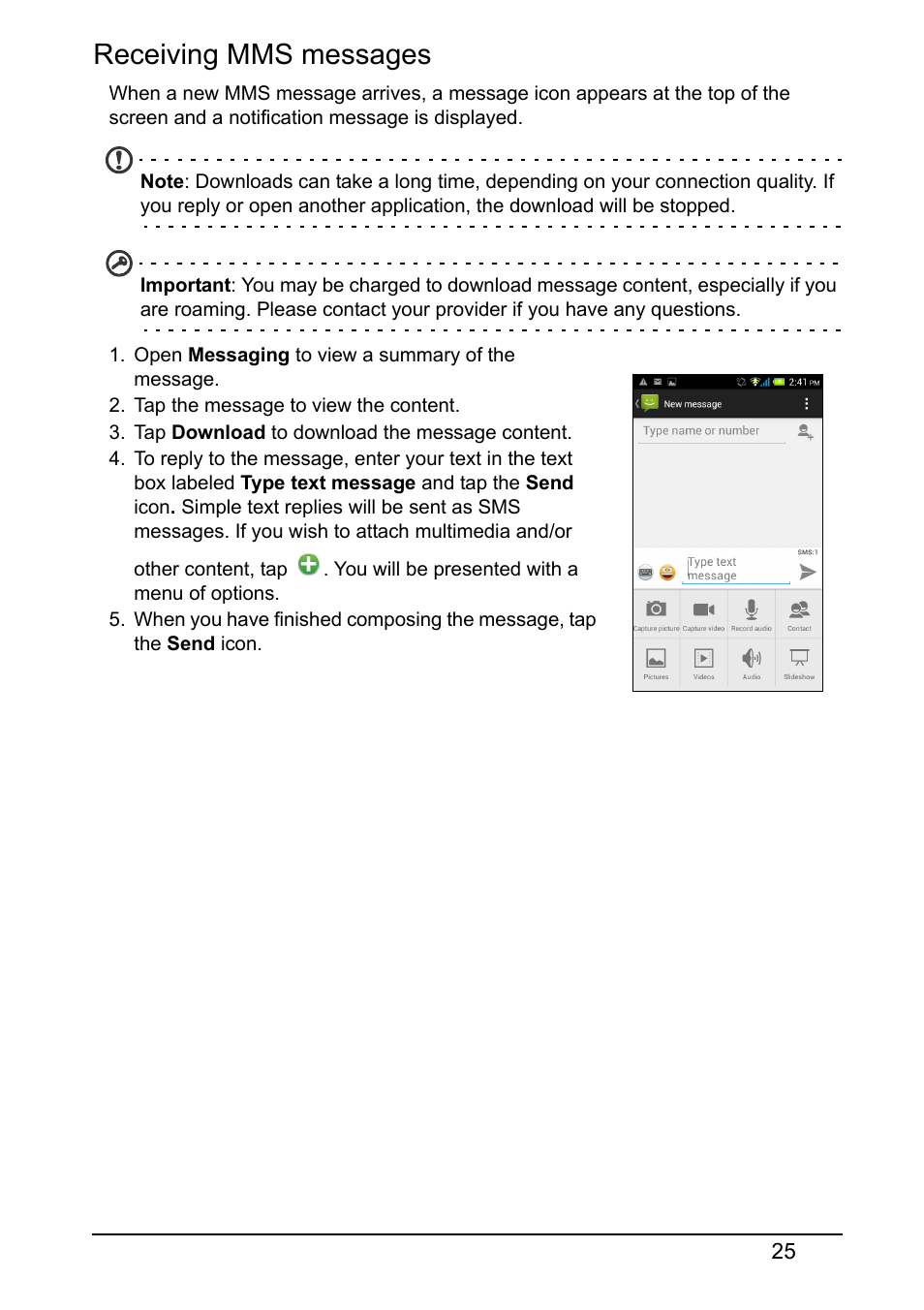 Receiving mms messages | Acer Z160 User Manual | Page 25 / 58