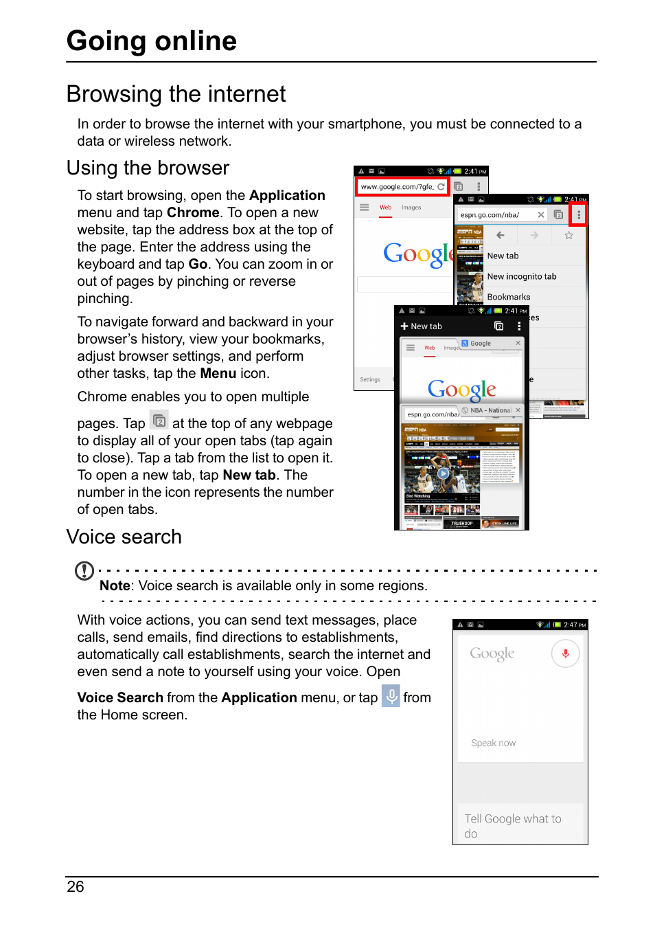 Going online, Browsing the internet, Using the browser | Voice search | Acer Z160 User Manual | Page 26 / 58