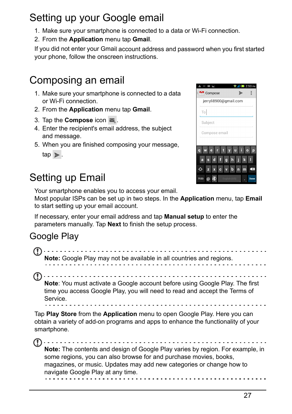 Setting up your google email, Composing an email, Setting up email | Google play | Acer Z160 User Manual | Page 27 / 58