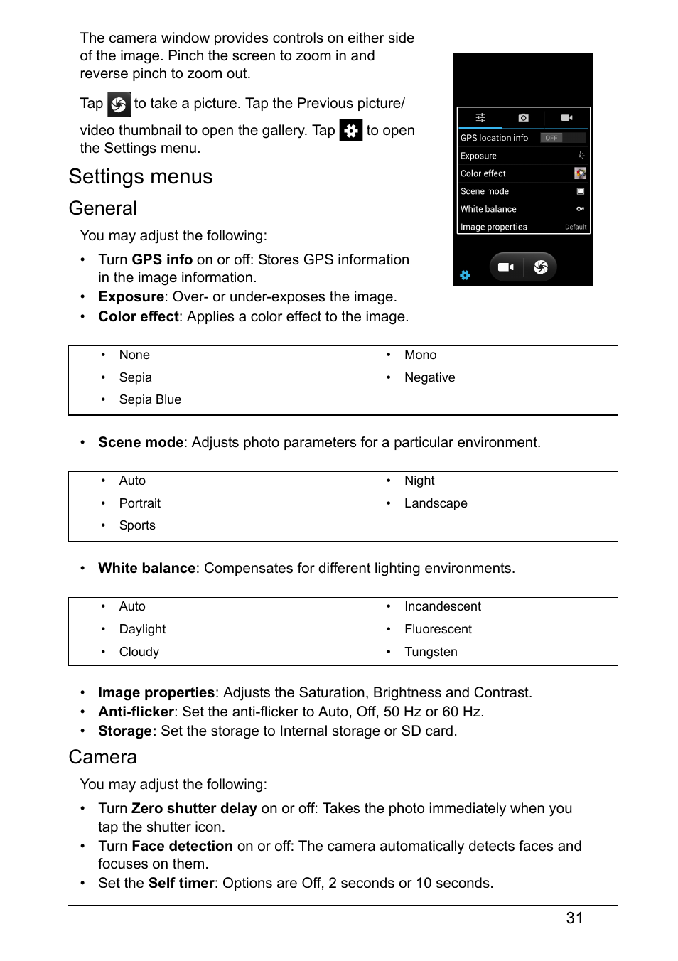 Settings menus, General, Camera | Acer Z160 User Manual | Page 31 / 58