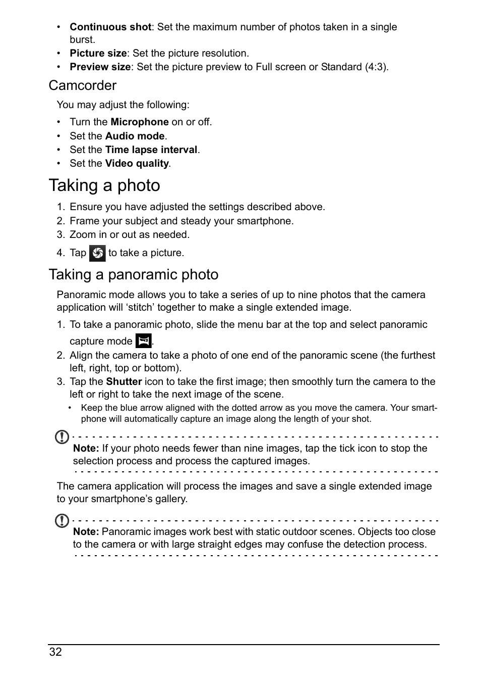 Taking a photo, Taking a panoramic photo, Camcorder | Acer Z160 User Manual | Page 32 / 58