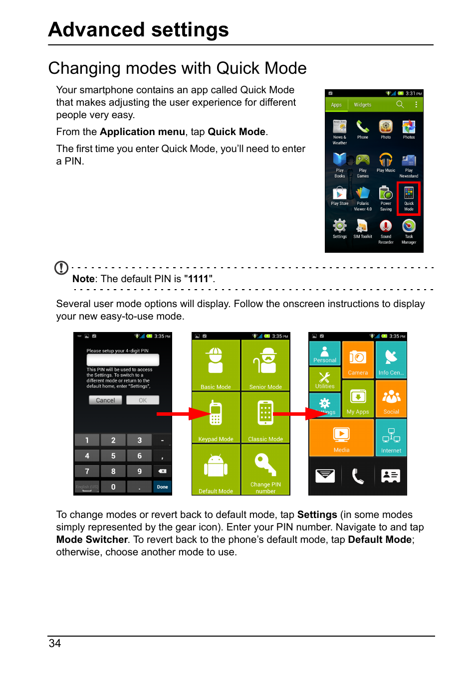 Advanced settings, Changing modes with quick mode | Acer Z160 User Manual | Page 34 / 58