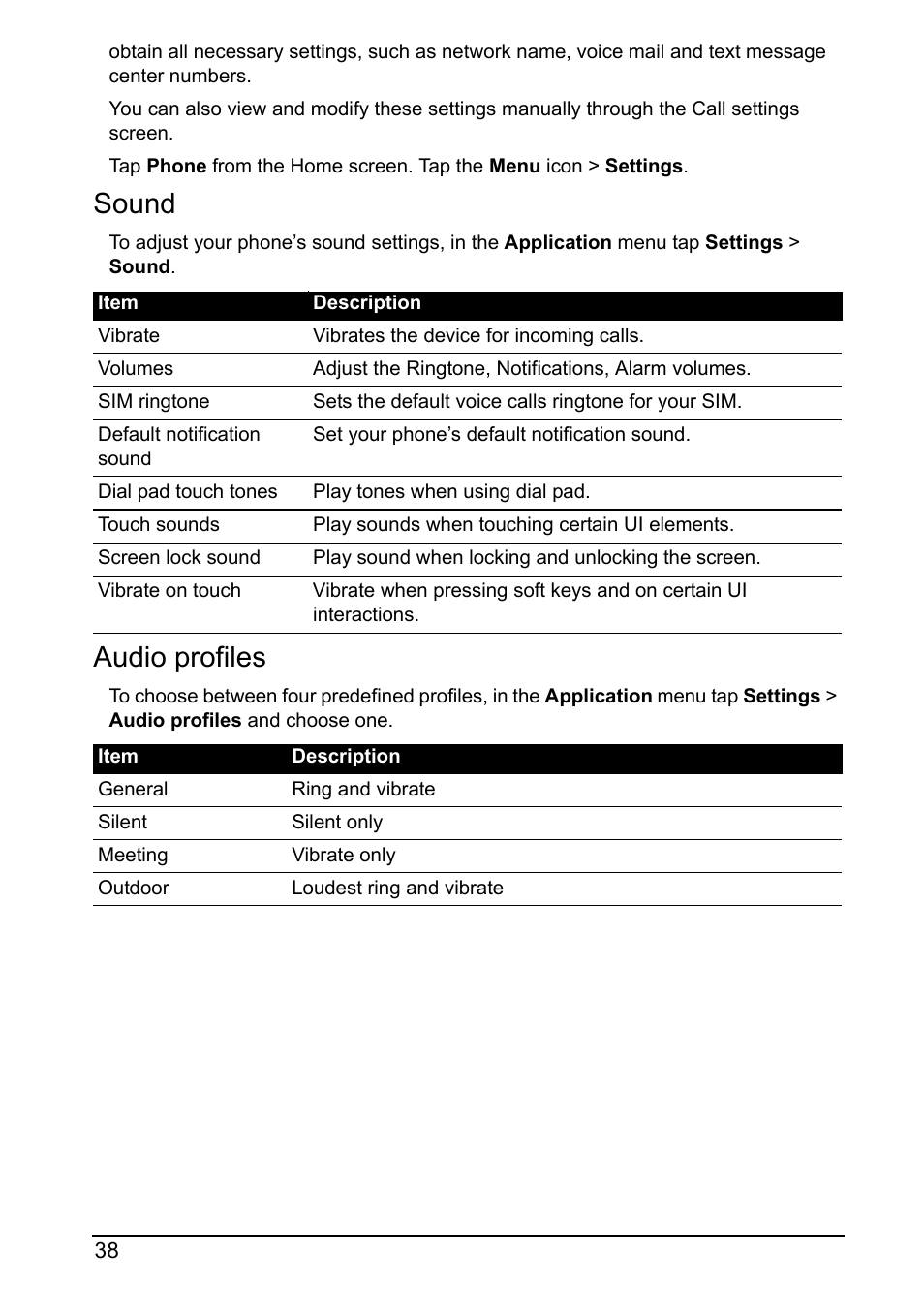 Sound, Audio profiles | Acer Z160 User Manual | Page 38 / 58