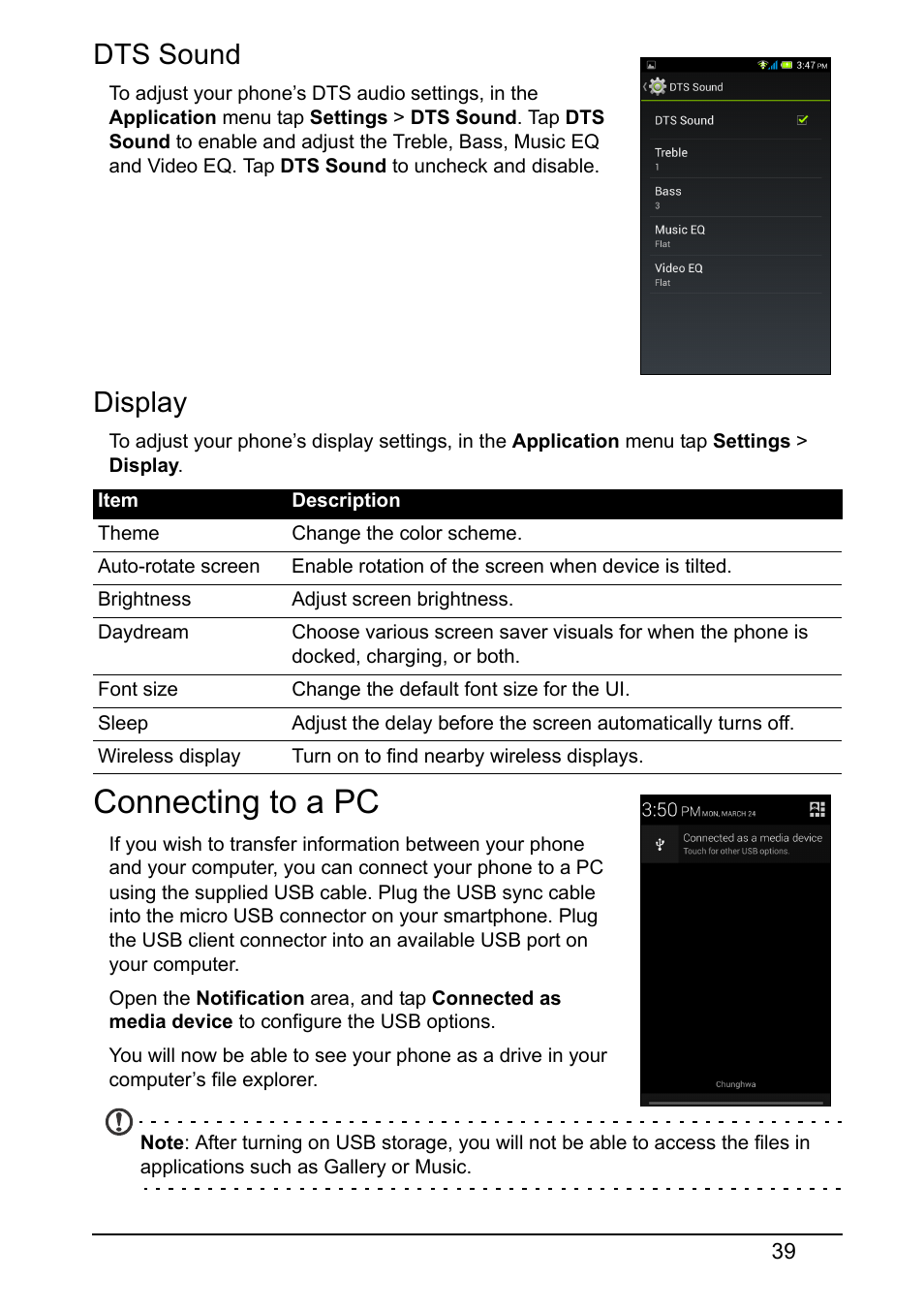 Dts sound, Display, Connecting to a pc | Acer Z160 User Manual | Page 39 / 58