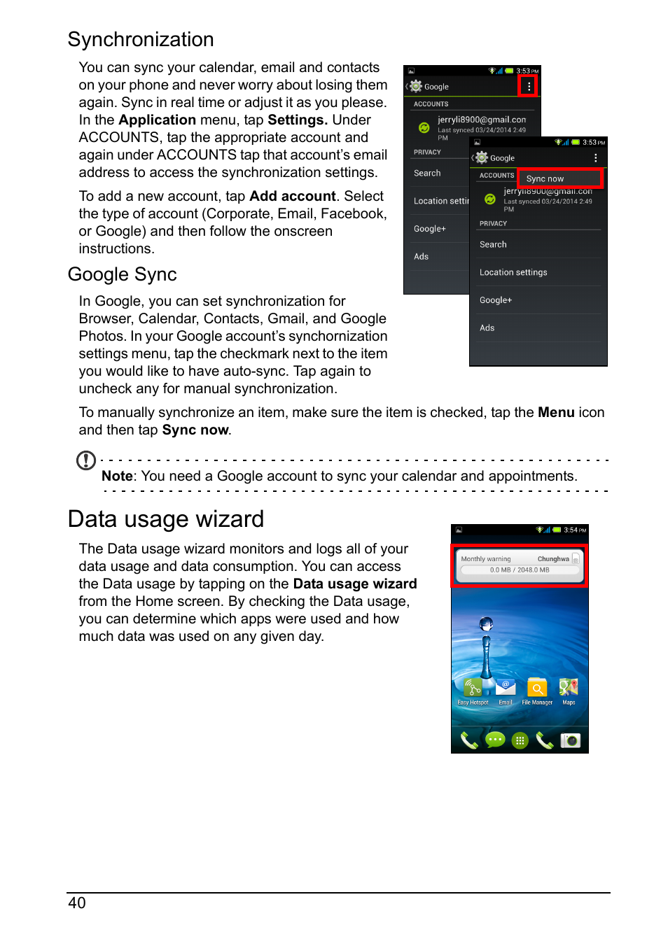 Synchronization, Data usage wizard | Acer Z160 User Manual | Page 40 / 58