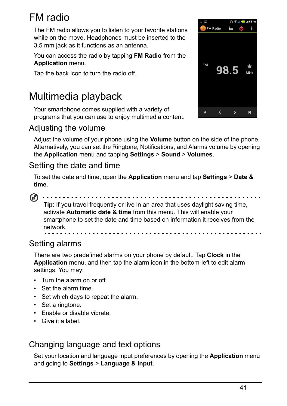 Fm radio, Multimedia playback, Fm radio multimedia playback | Acer Z160 User Manual | Page 41 / 58