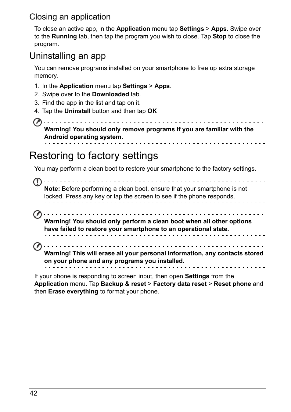 Uninstalling an app, Restoring to factory settings, Closing an application | Acer Z160 User Manual | Page 42 / 58