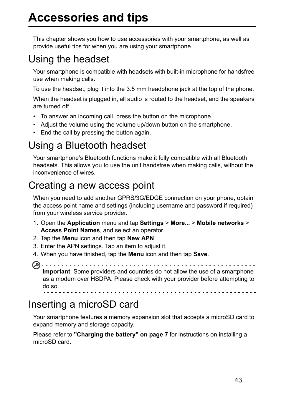 Accessories and tips, Using the headset, Using a bluetooth headset | Creating a new access point, Inserting a microsd card | Acer Z160 User Manual | Page 43 / 58