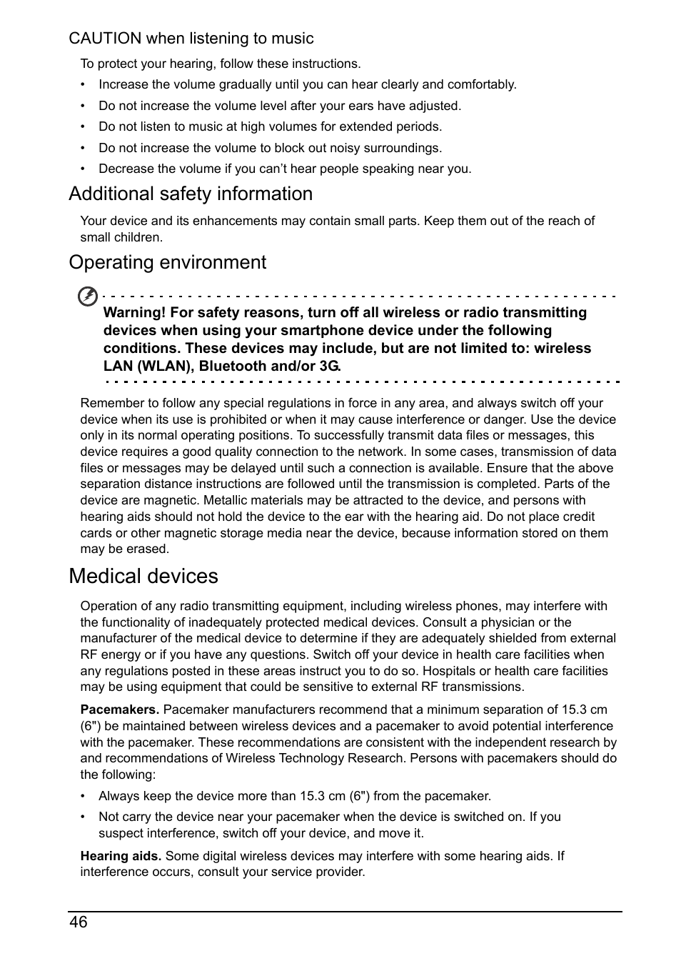 Medical devices, Additional safety information, Operating environment | Acer Z160 User Manual | Page 46 / 58