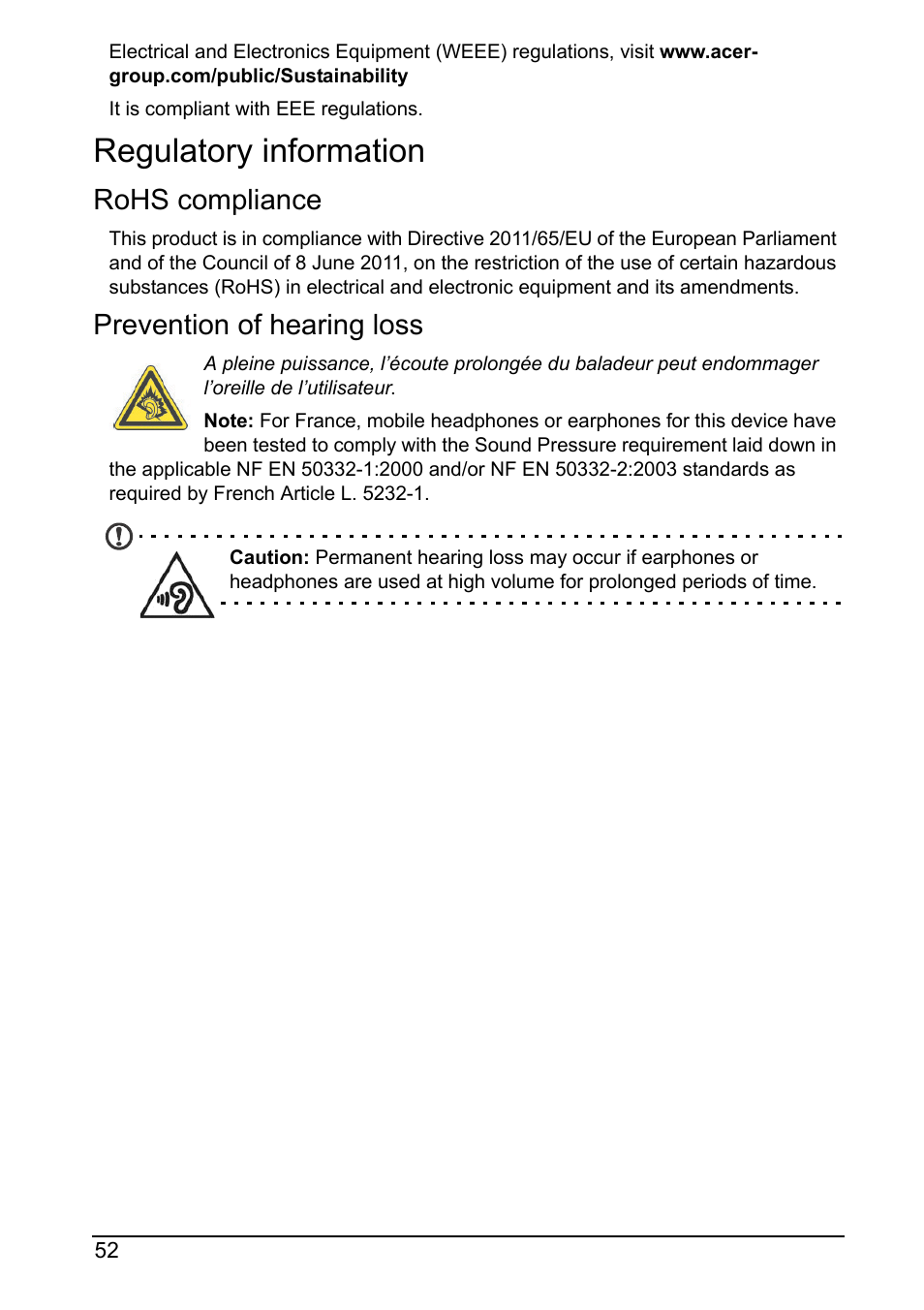 Regulatory information, Rohs compliance, Prevention of hearing loss | Acer Z160 User Manual | Page 52 / 58