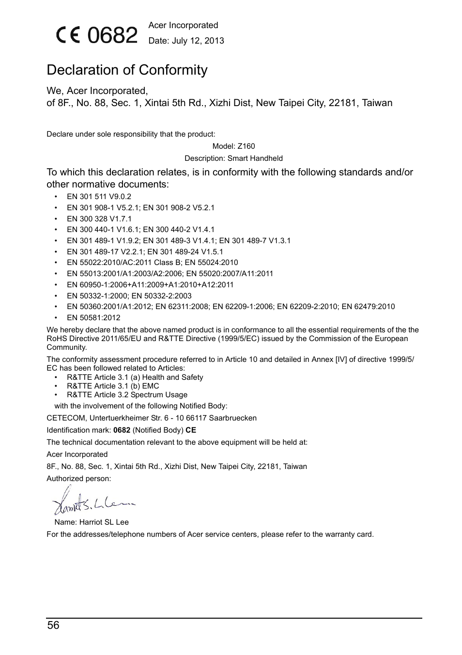 Declaration of conformity | Acer Z160 User Manual | Page 56 / 58