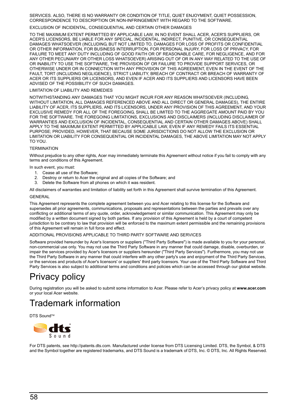 Privacy policy, Trademark information | Acer Z160 User Manual | Page 58 / 58