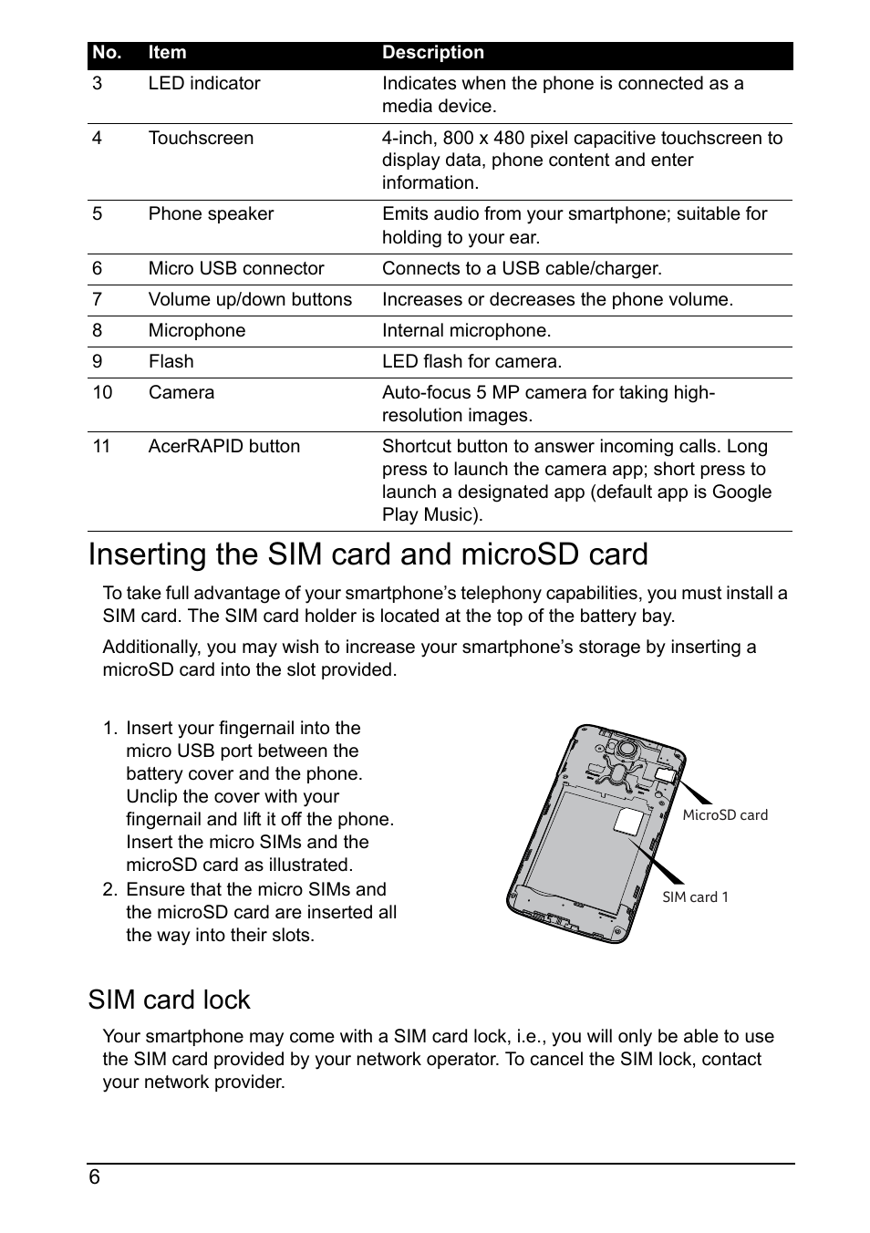 Inserting the sim card and microsd card, Sim card lock | Acer Z160 User Manual | Page 6 / 58