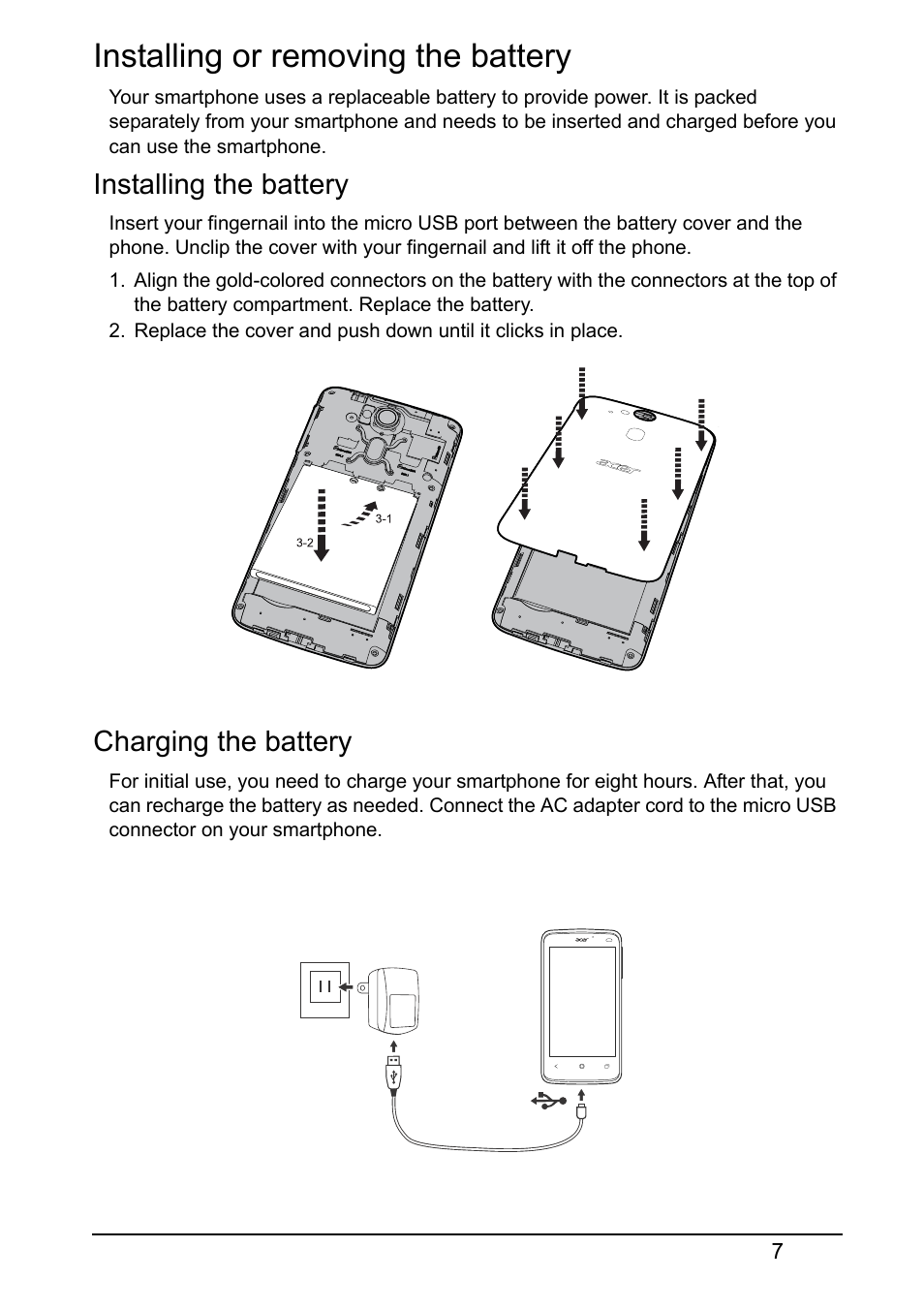 Installing or removing the battery, Installing the battery, Charging the battery | Acer Z160 User Manual | Page 7 / 58