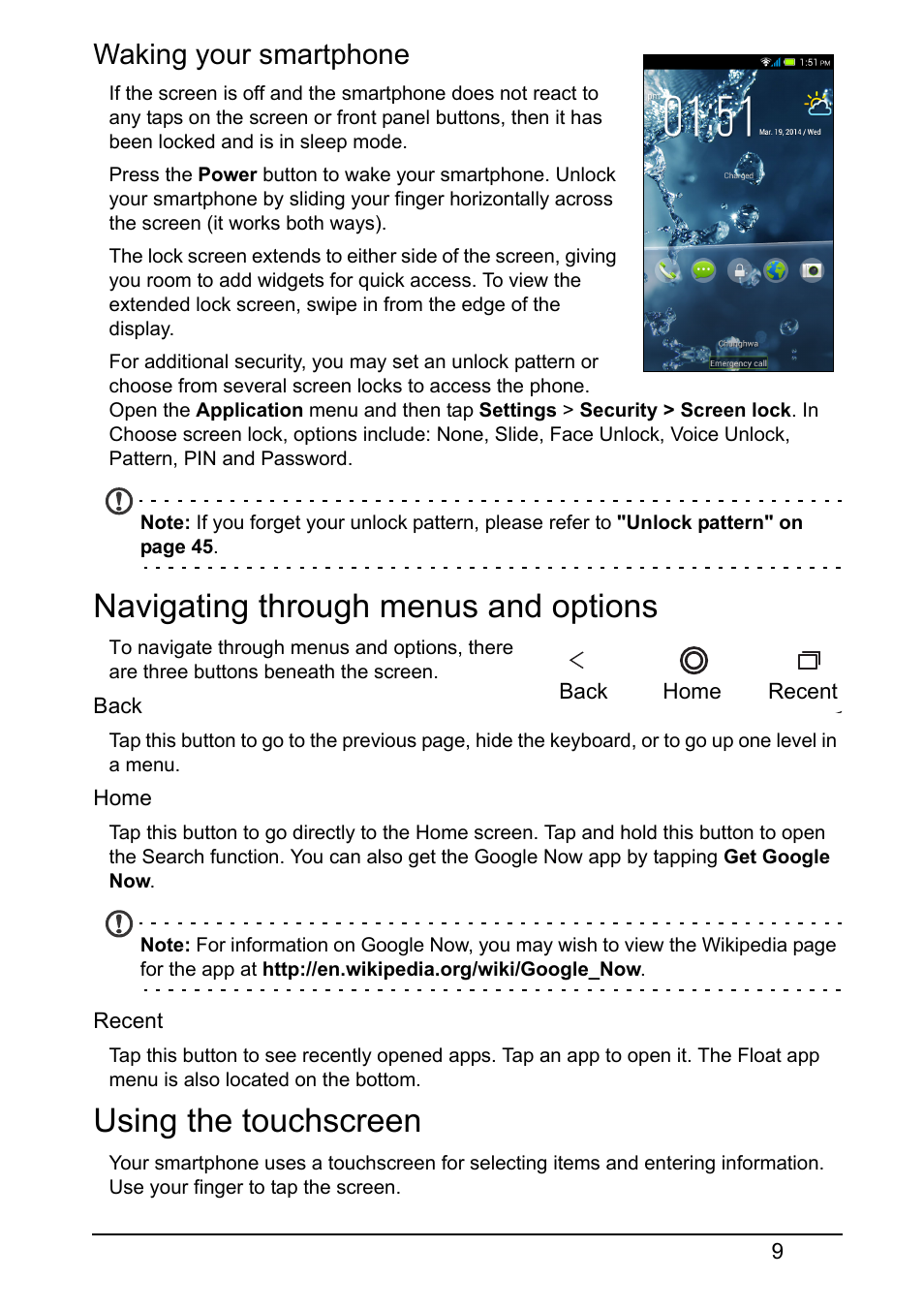 Waking your smartphone, Navigating through menus and options, Using the touchscreen | Acer Z160 User Manual | Page 9 / 58