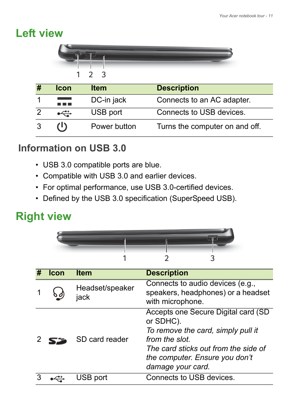 Left view, Information on usb 3.0, Right view | Acer Aspire V7-481G User Manual | Page 11 / 87
