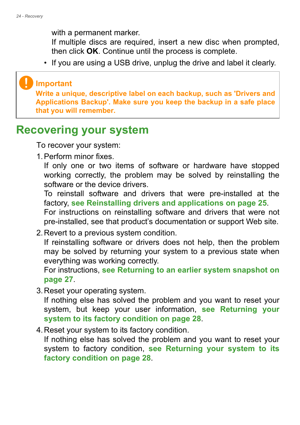 Recovering your system | Acer Aspire V7-481G User Manual | Page 24 / 87