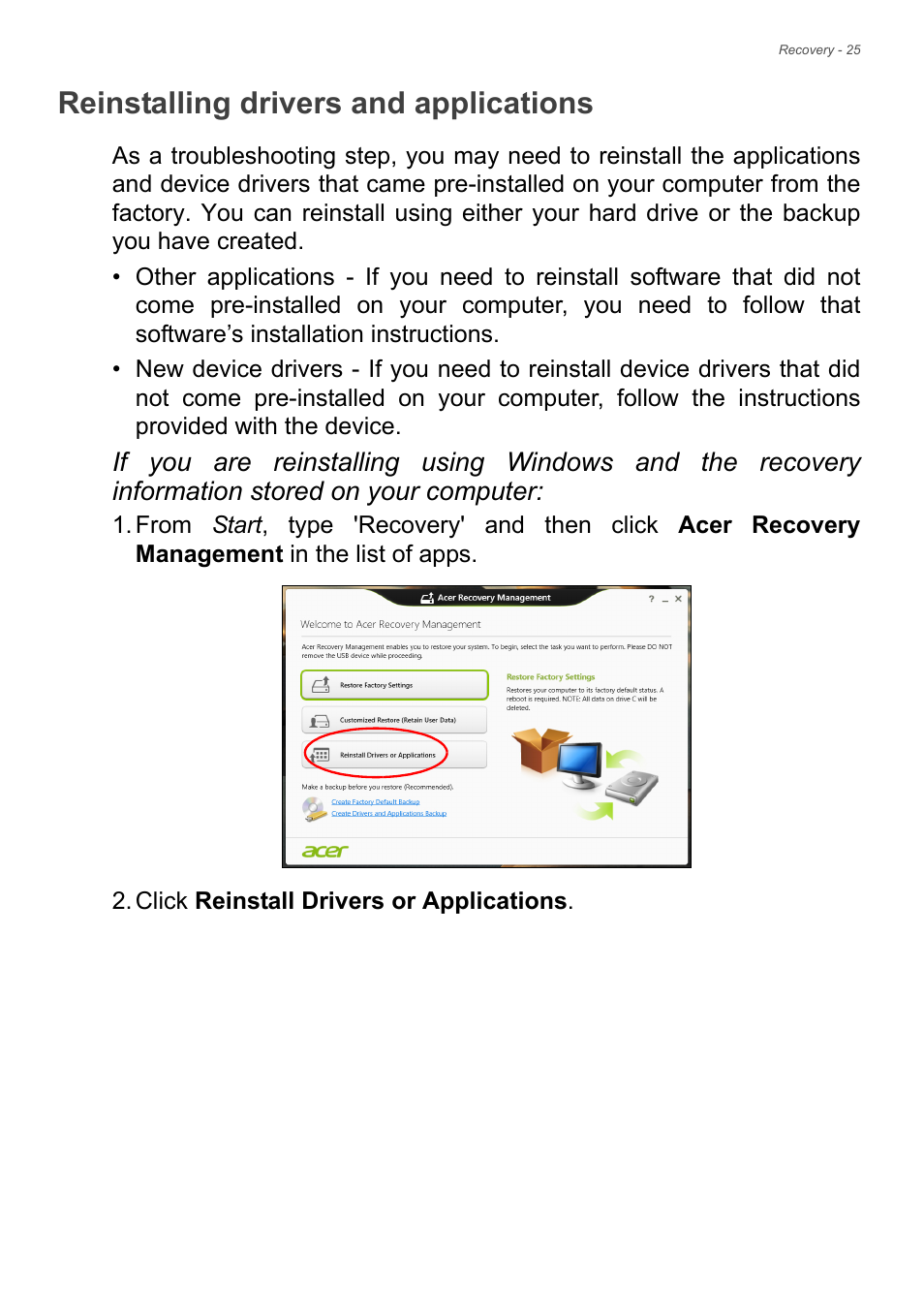 Reinstalling drivers and applications | Acer Aspire V7-481G User Manual | Page 25 / 87