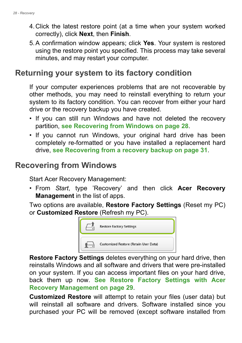 Returning your system to its factory condition, Recovering from windows, See returning your | See returning your system to its | Acer Aspire V7-481G User Manual | Page 28 / 87