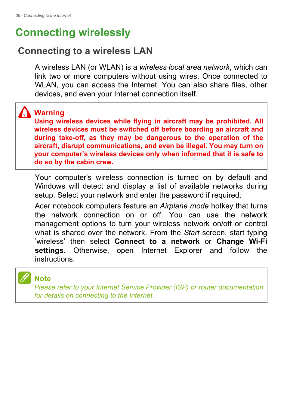 Connecting wirelessly, Connecting to a wireless lan | Acer Aspire V7-481G User Manual | Page 36 / 87