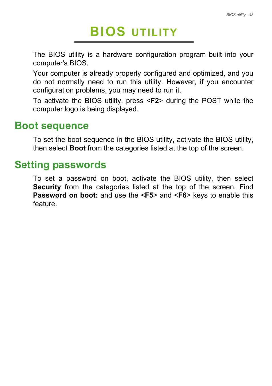 Bios utility, Boot sequence, Setting passwords | Boot sequence setting passwords, Bios, Utility | Acer Aspire V7-481G User Manual | Page 43 / 87