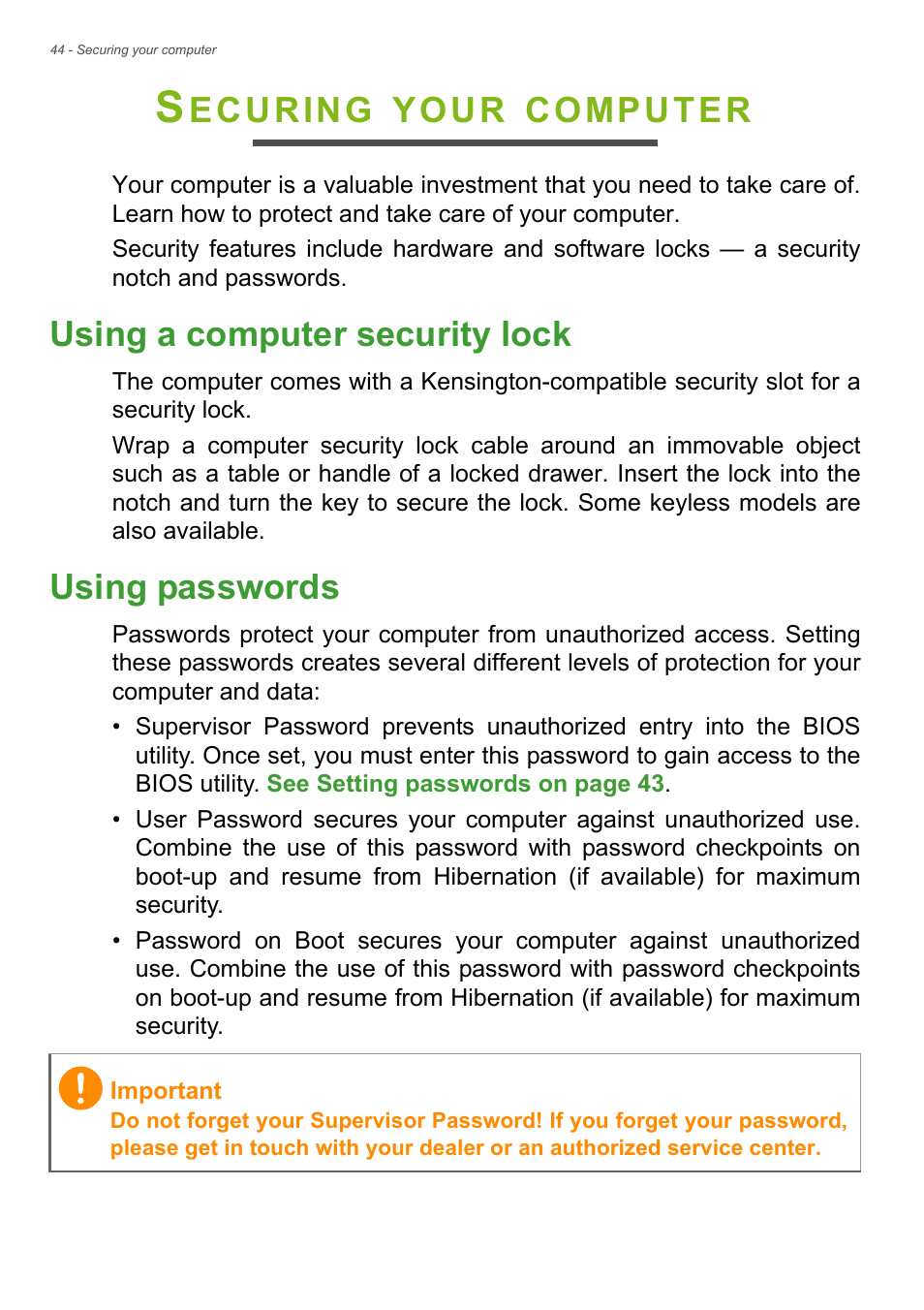 Securing your computer, Using a computer security lock, Using passwords | Using a computer security lock using passwords, Ecuring, Your, Computer | Acer Aspire V7-481G User Manual | Page 44 / 87