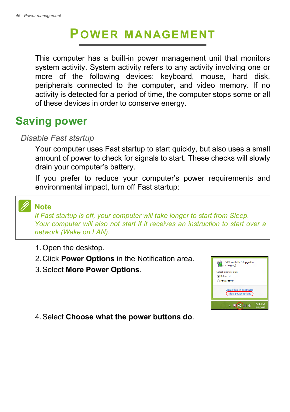 Power management, Saving power, Ower | Management | Acer Aspire V7-481G User Manual | Page 46 / 87