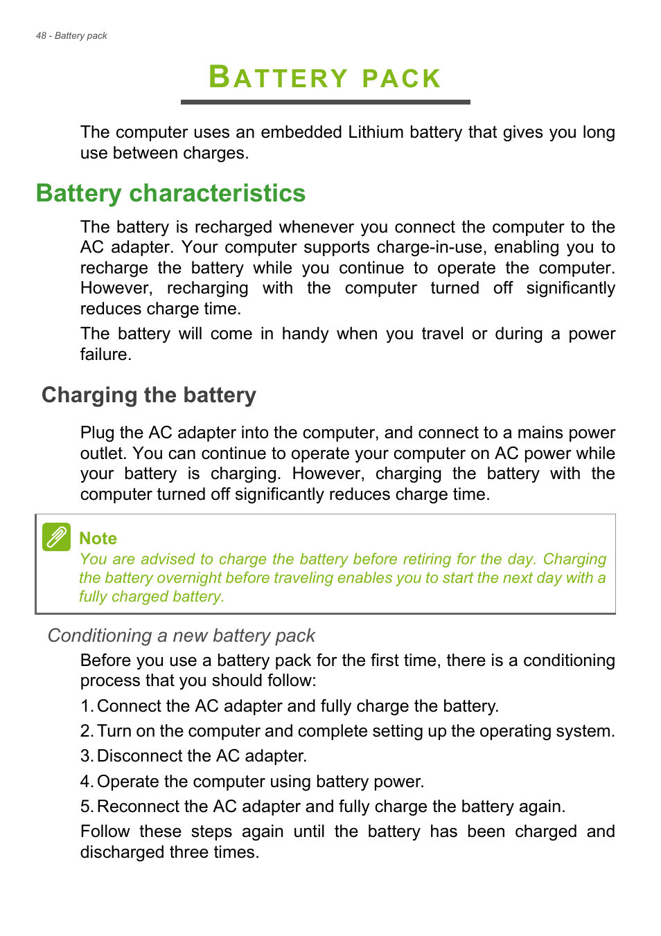 Battery pack, Battery characteristics, Charging the battery | Attery, Pack | Acer Aspire V7-481G User Manual | Page 48 / 87