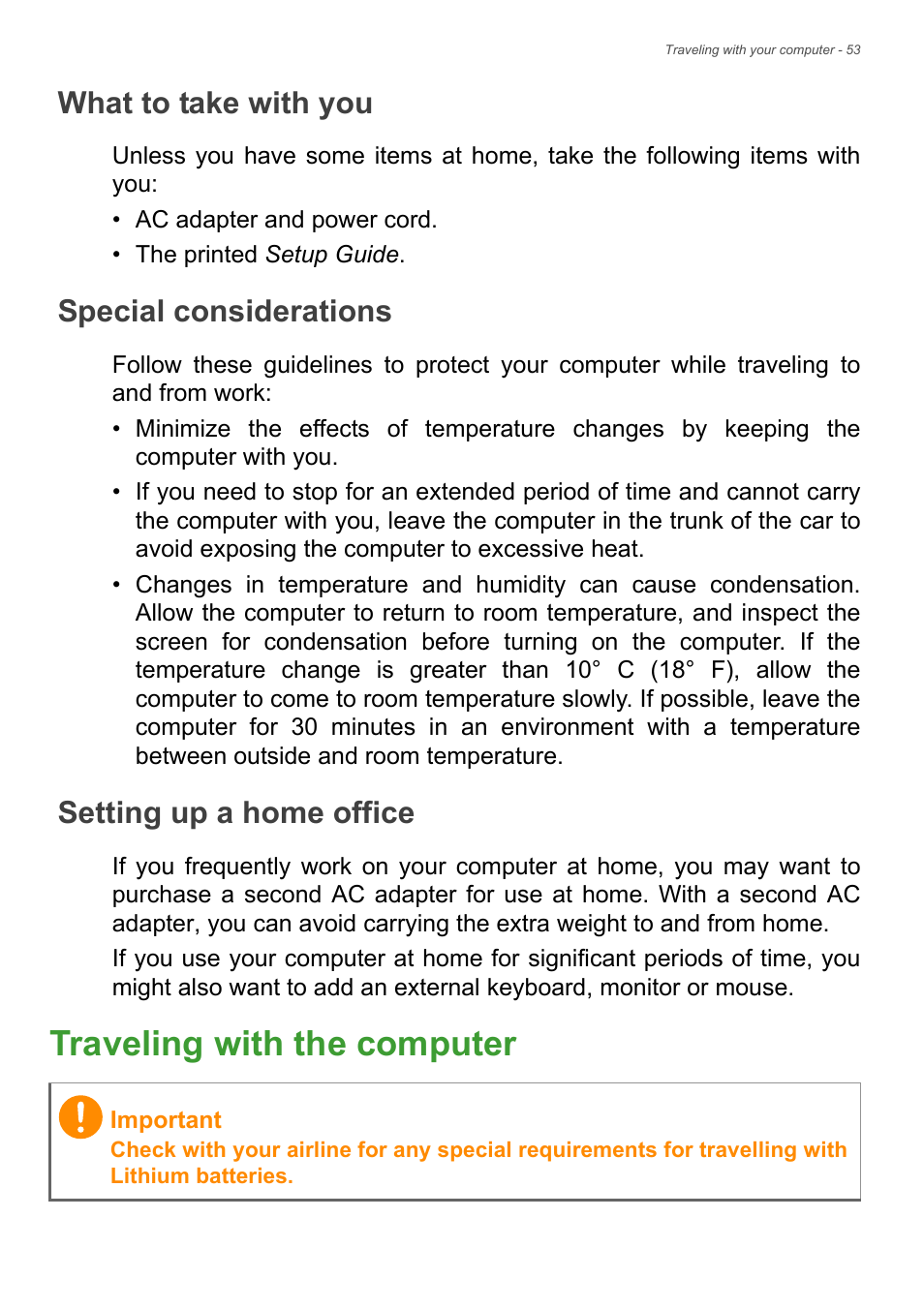 What to take with you, Special considerations, Setting up a home office | Traveling with the computer | Acer Aspire V7-481G User Manual | Page 53 / 87