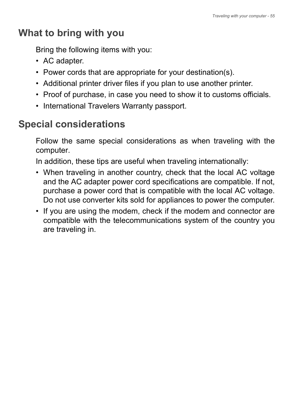 What to bring with you, Special considerations, What to bring with you special considerations | Acer Aspire V7-481G User Manual | Page 55 / 87