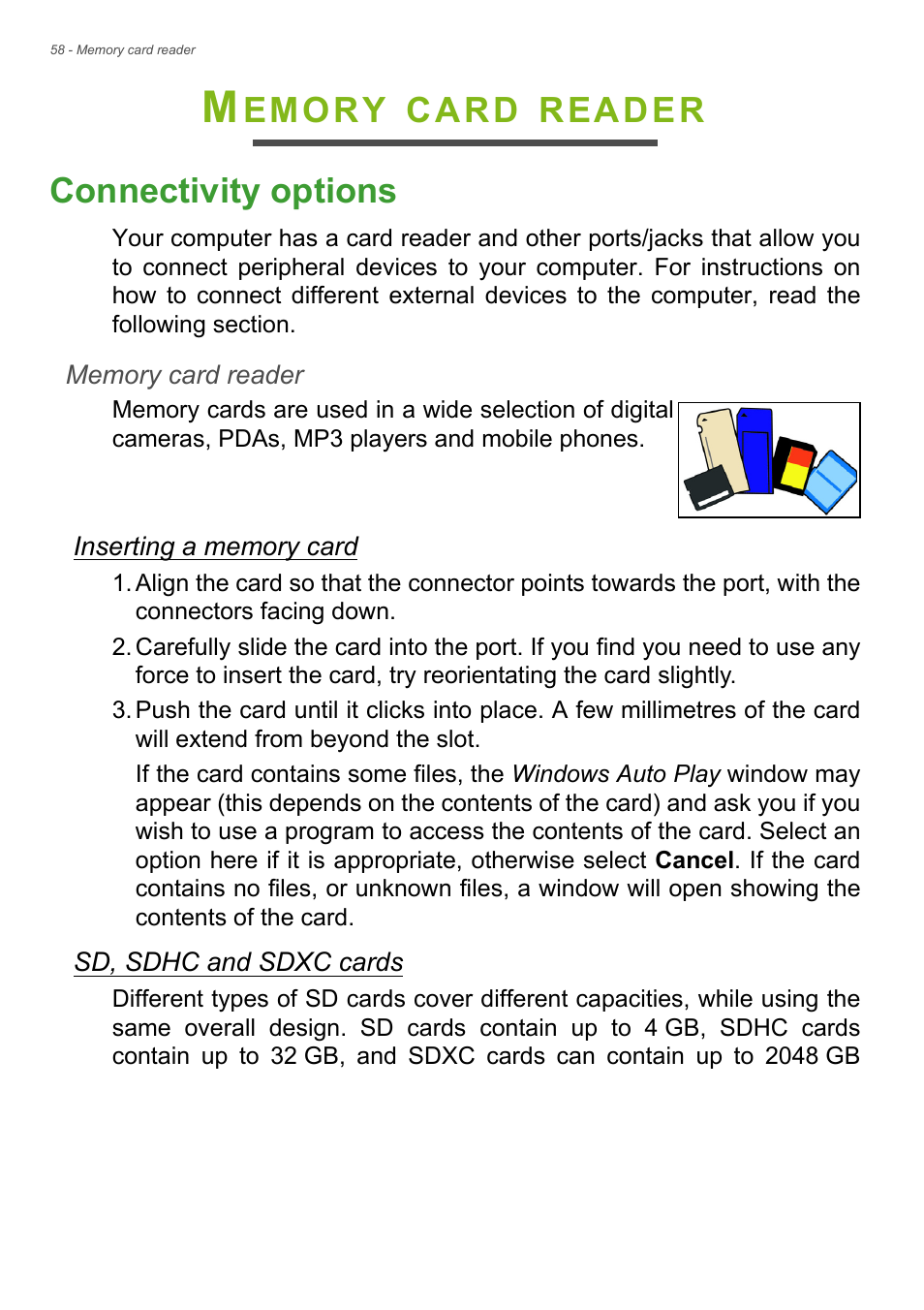 Memory card reader, Connectivity options, Emory | Card, Reader connectivity options | Acer Aspire V7-481G User Manual | Page 58 / 87