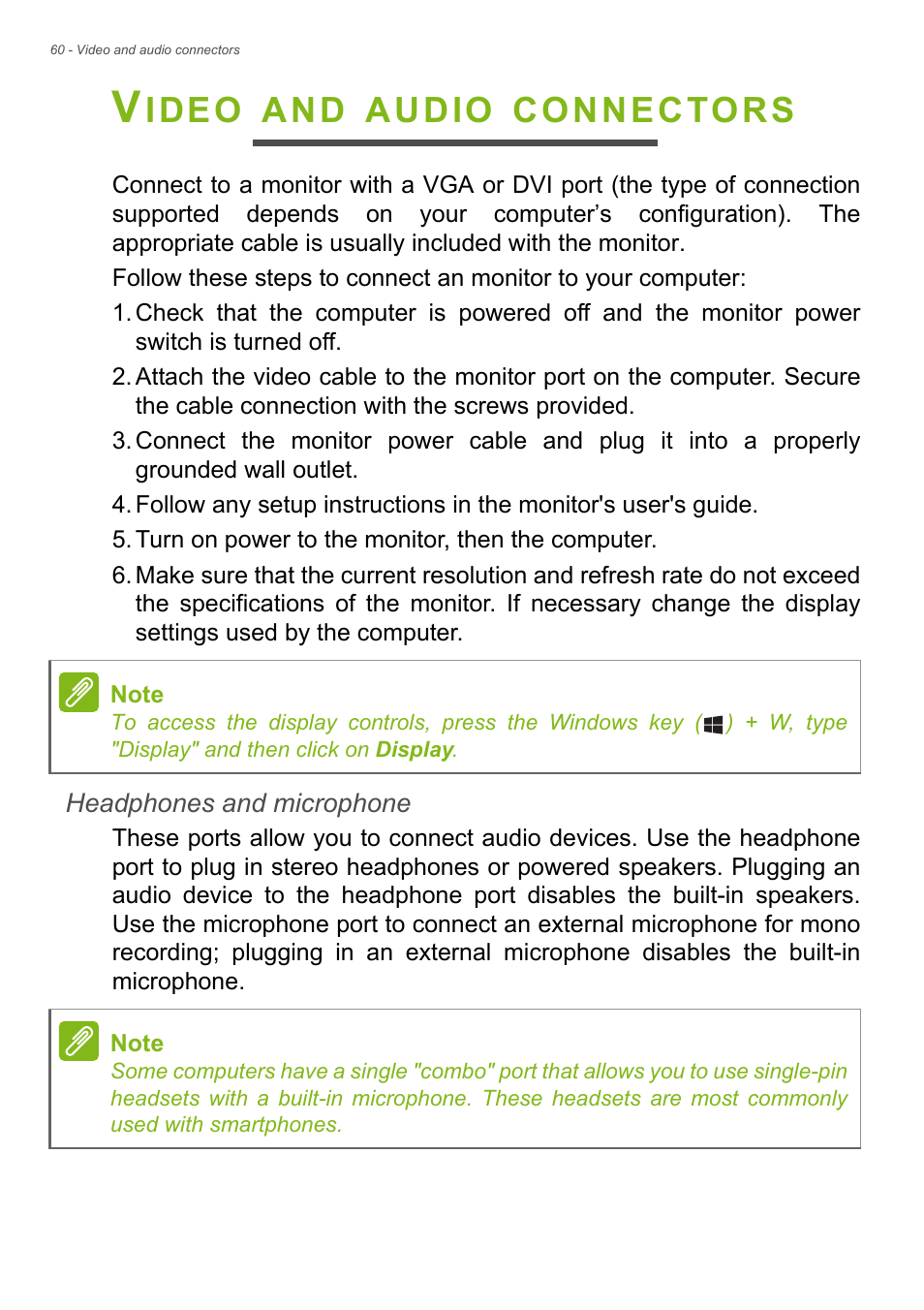 Video and audio connectors, Ideo, Audio | Connectors | Acer Aspire V7-481G User Manual | Page 60 / 87