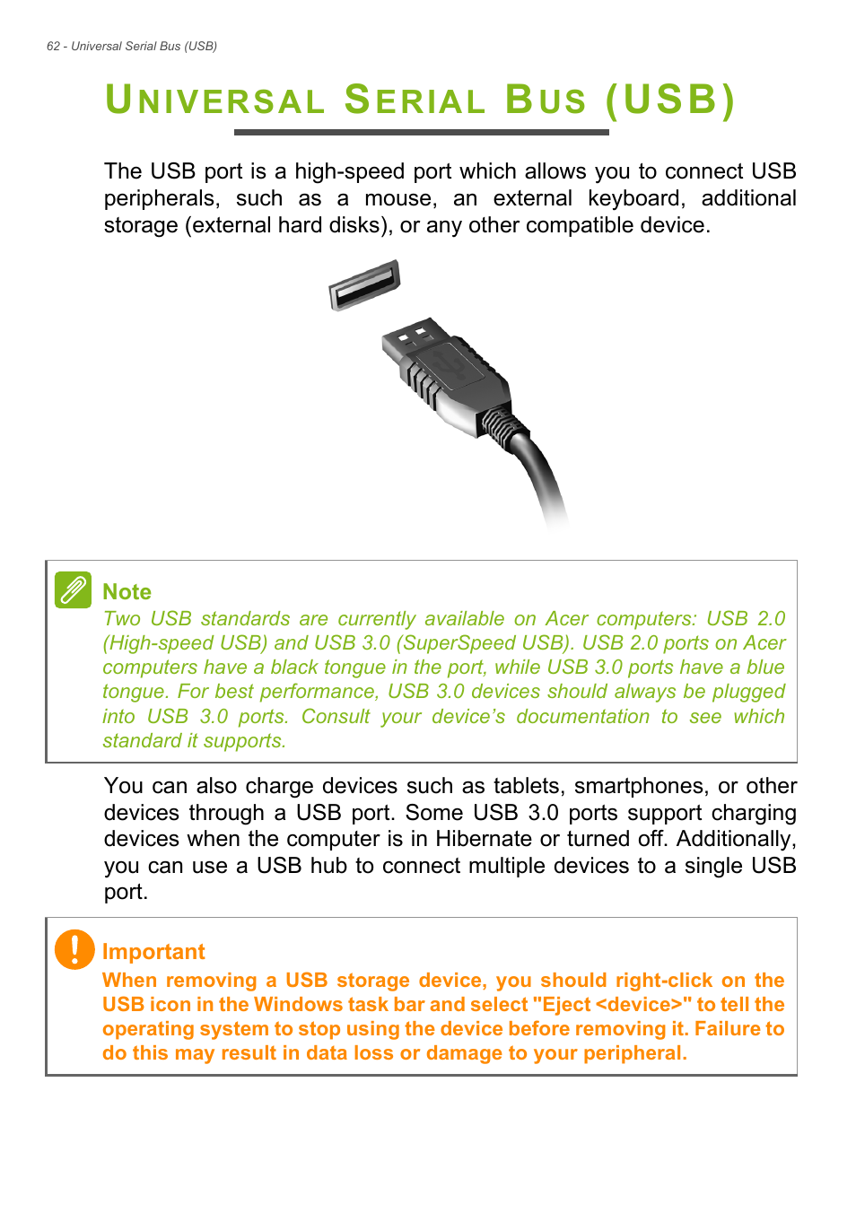 Universal serial bus (usb), Usb), Niversal | Erial | Acer Aspire V7-481G User Manual | Page 62 / 87