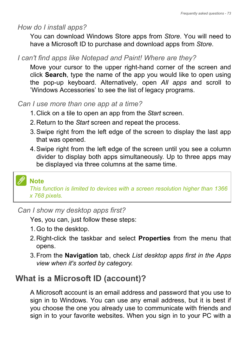 What is a microsoft id (account) | Acer Aspire V7-481G User Manual | Page 73 / 87