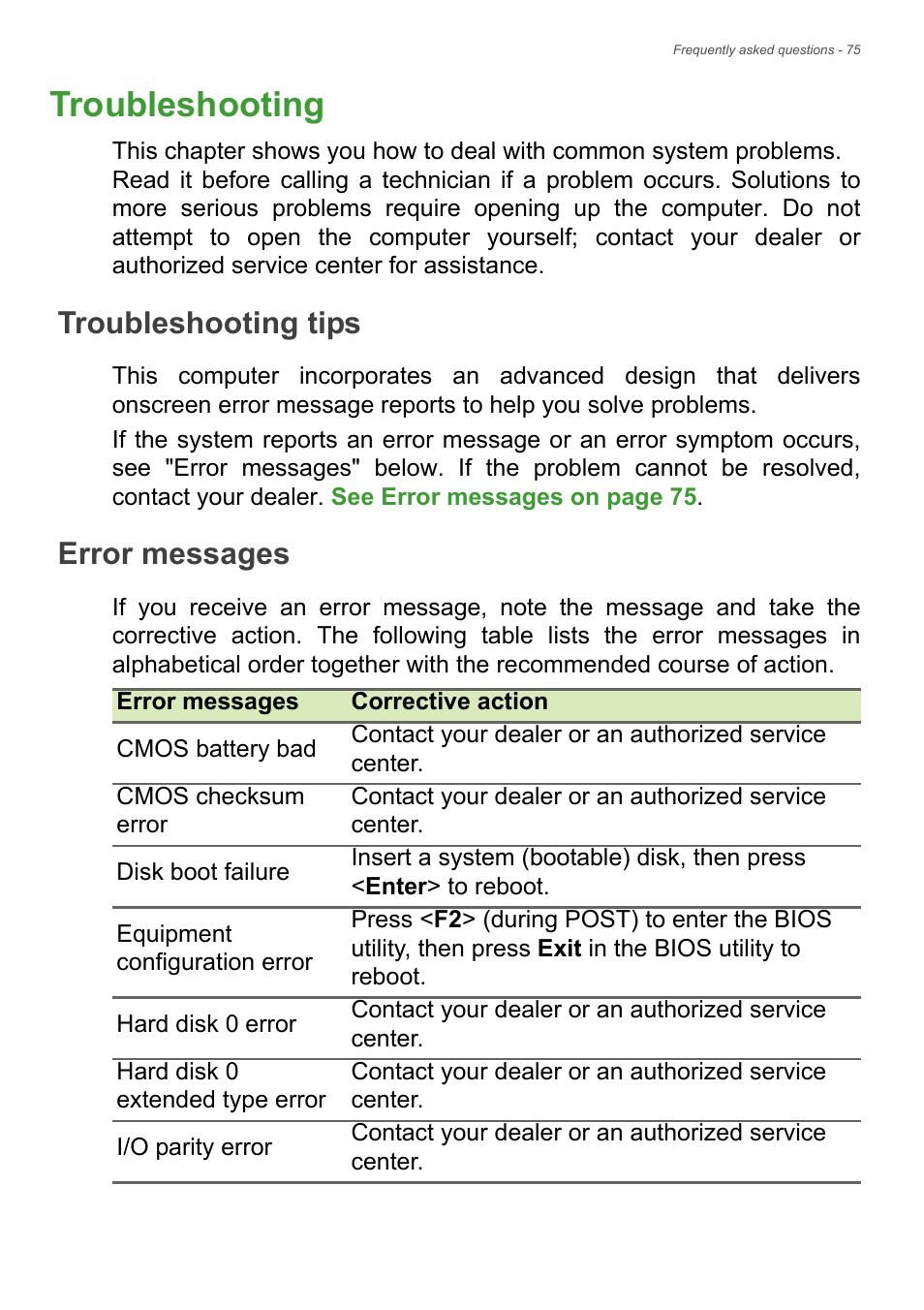 Troubleshooting, Troubleshooting tips, Error messages | Troubleshooting tips error messages, Requently | Acer Aspire V7-481G User Manual | Page 75 / 87